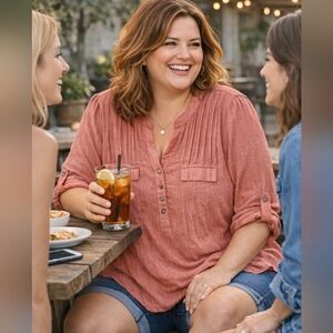 Cocomo Washed Rose Pintuck Henley Blouse Plus Size 3X